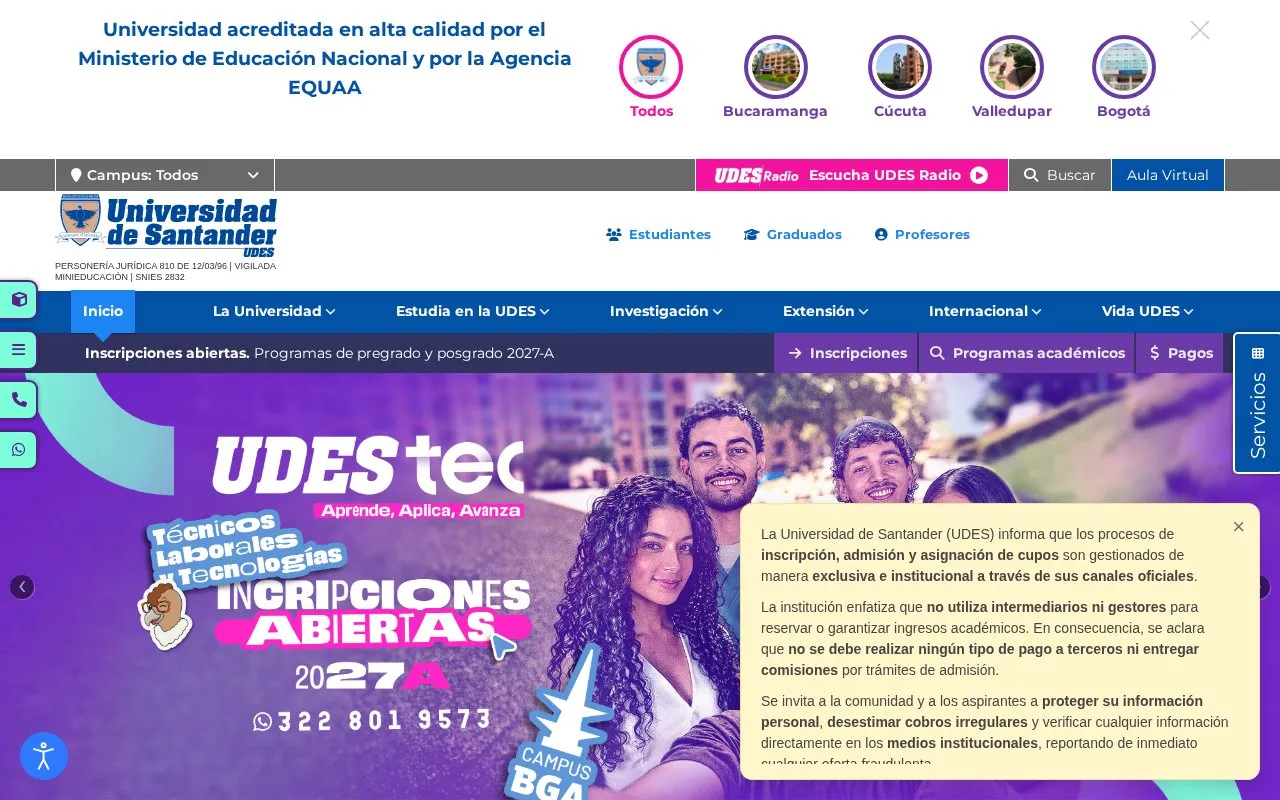 Universidad de Santander homepage screenshot