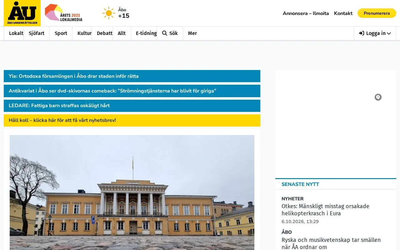 Åbo Underrättelser homepage screenshot