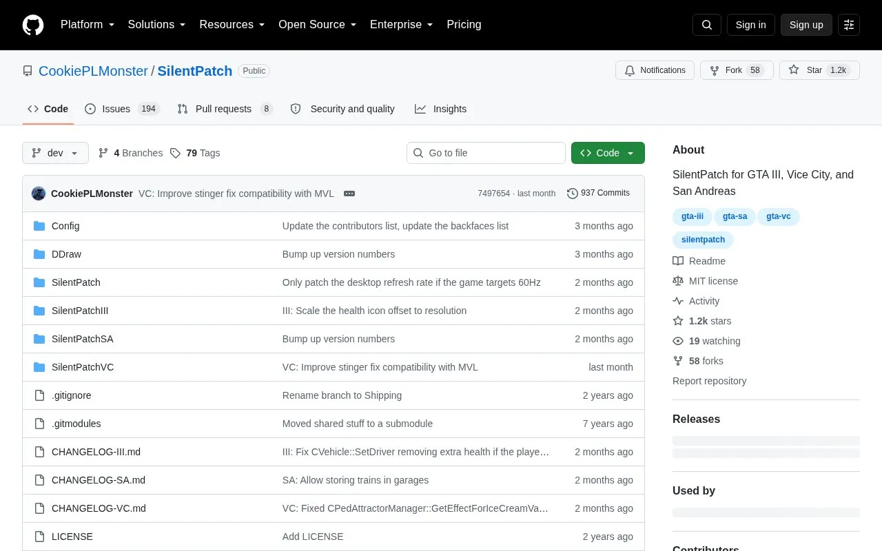 Silent Patch homepage screenshot
