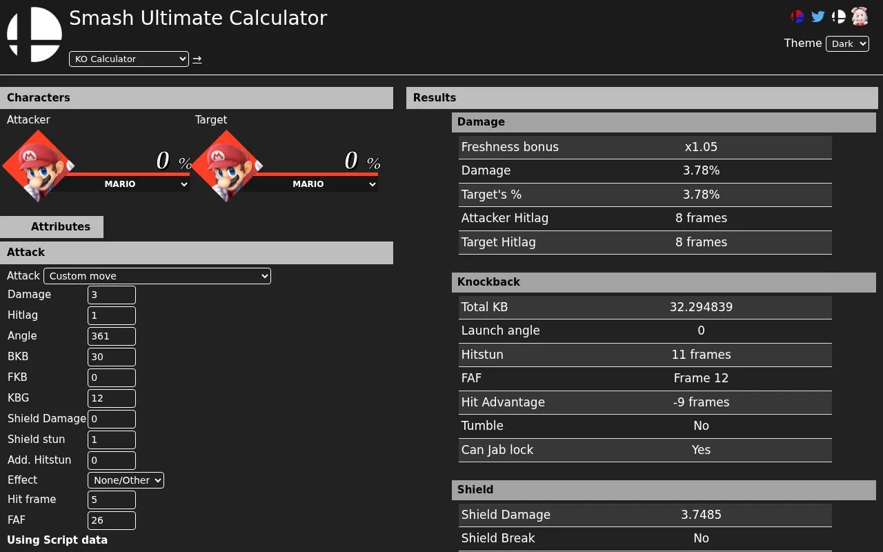 Smash Ultimate Calculator homepage screenshot