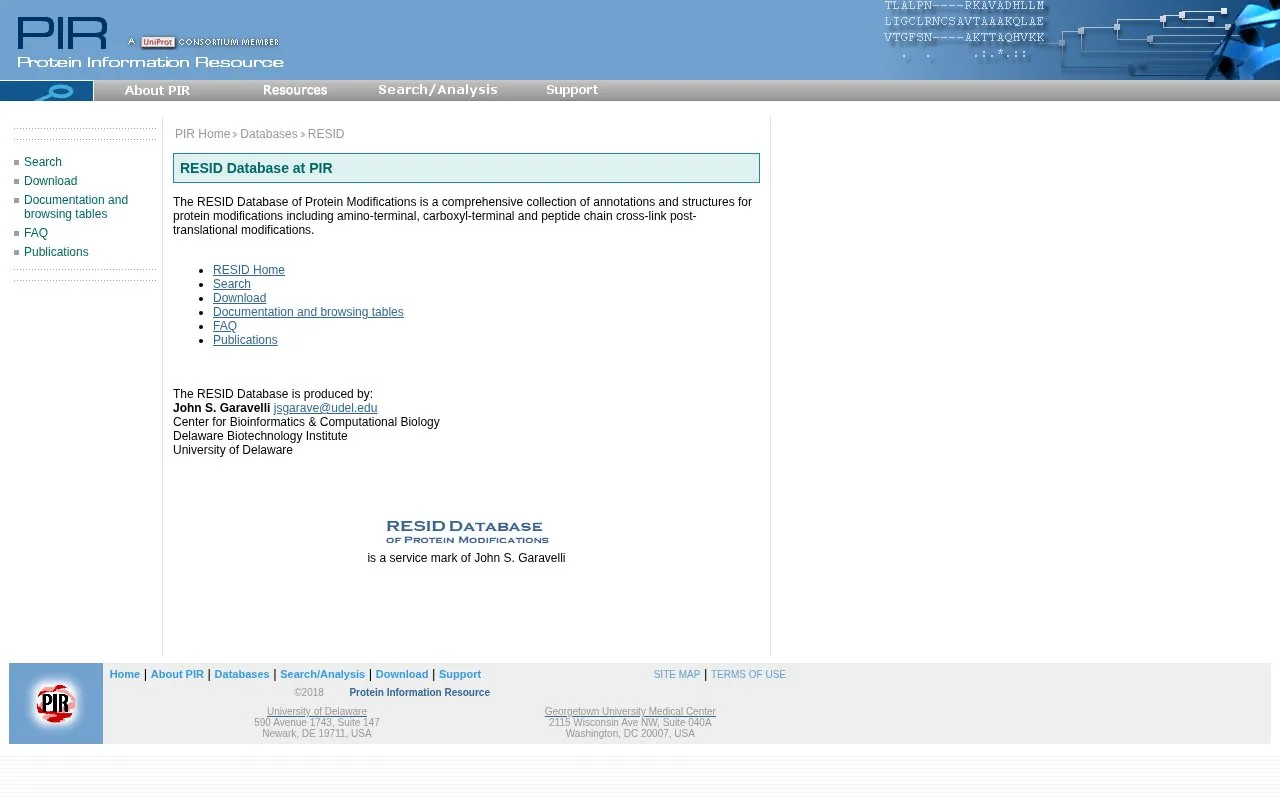 RESID Database of Protein Modifications homepage screenshot