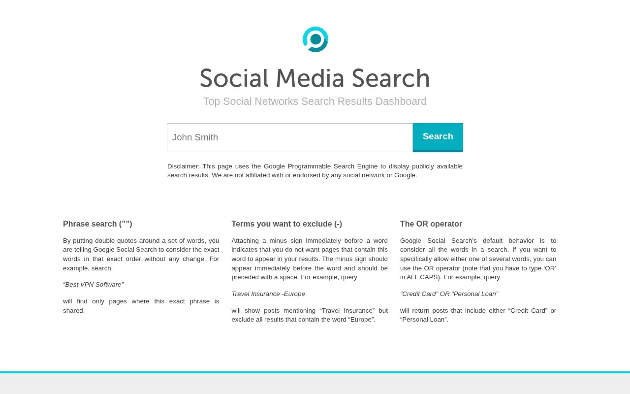 Social Profiles Finder homepage screenshot
