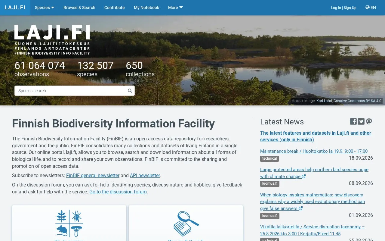 Finnish Biodiversity Information Facility homepage screenshot
