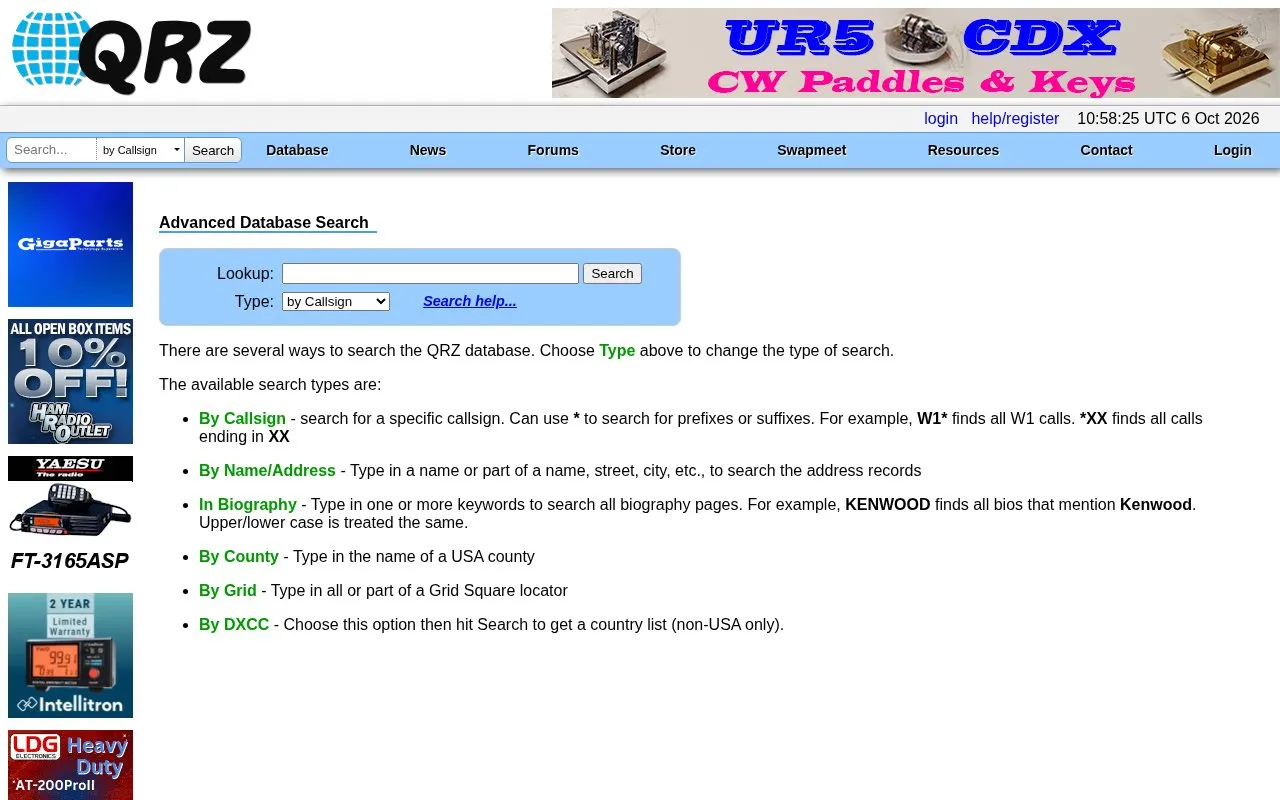 Ham Radio QRZ Callsign Database Search homepage screenshot