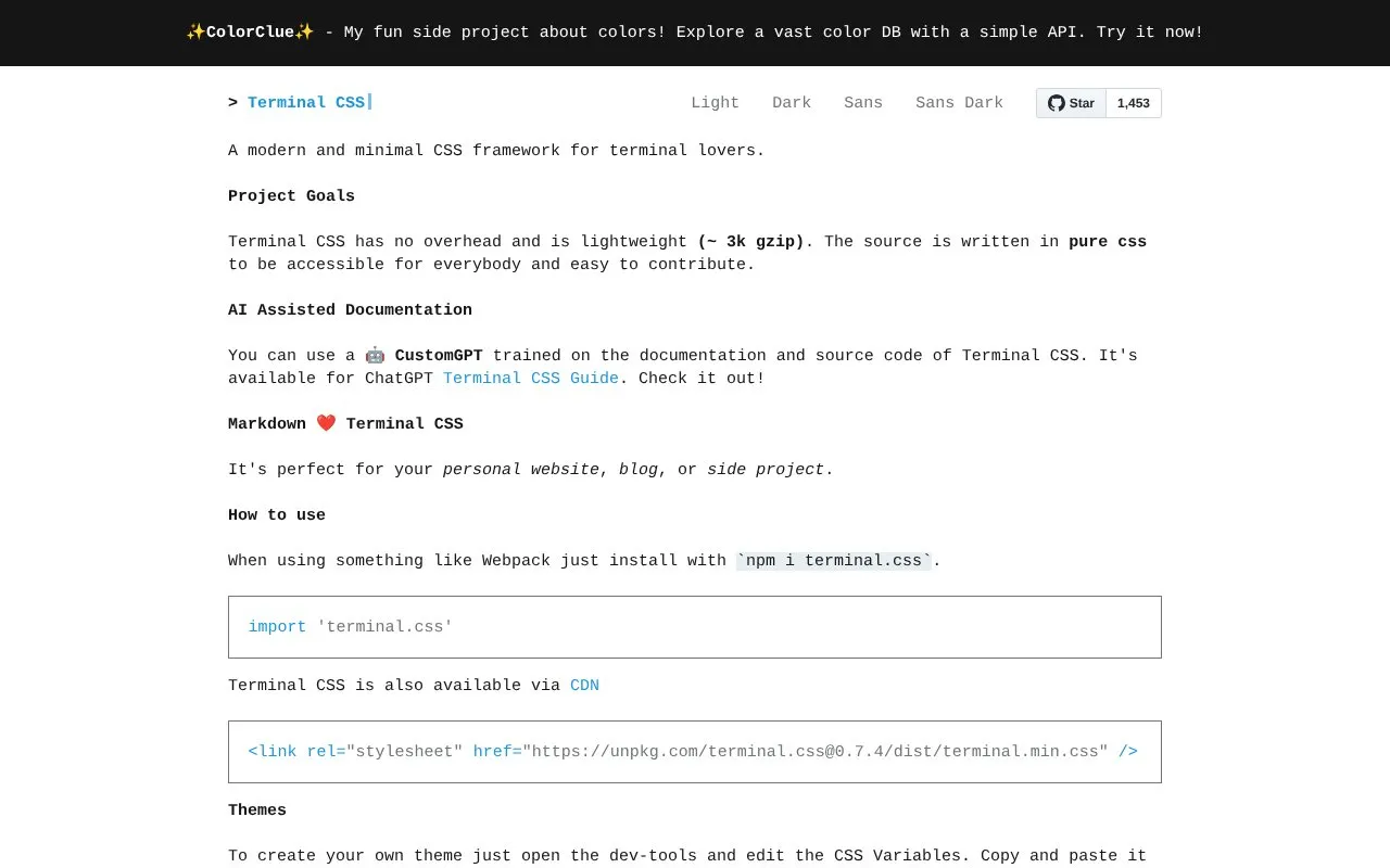 Terminal CSS homepage screenshot