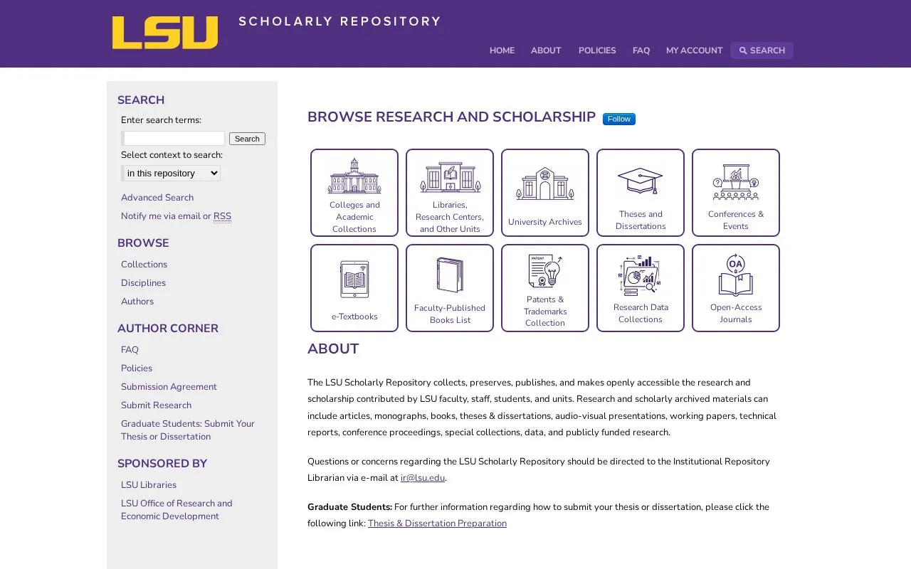 LSU Scholarly Repository homepage screenshot