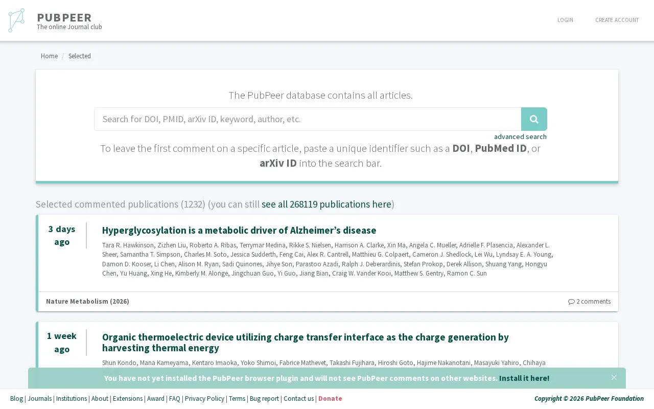 PubPeer homepage screenshot