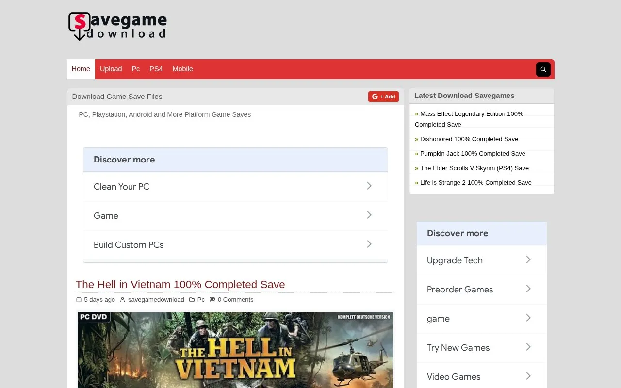 SavegameDownload.com homepage screenshot