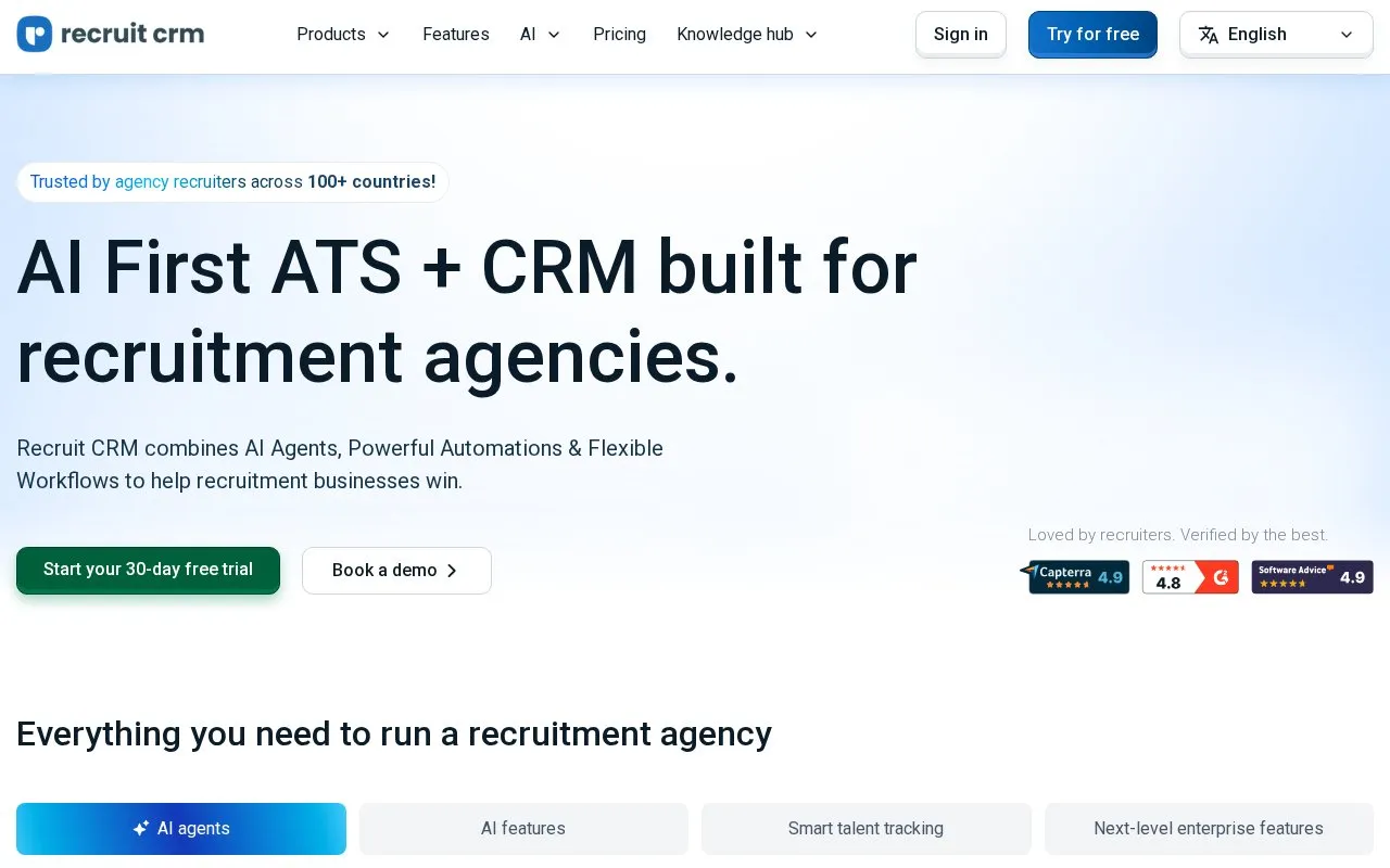 Recruit CRM homepage screenshot