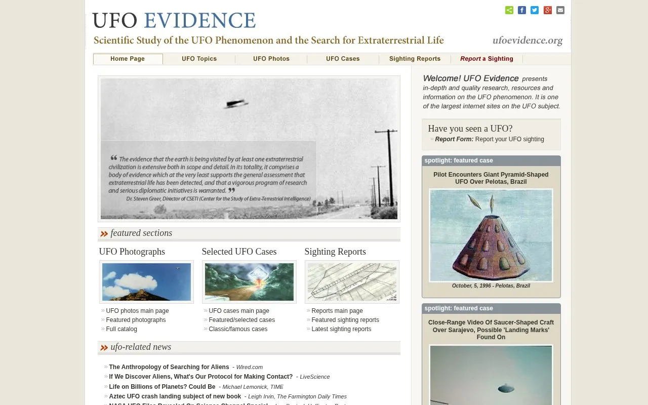 UFO Evidence homepage screenshot