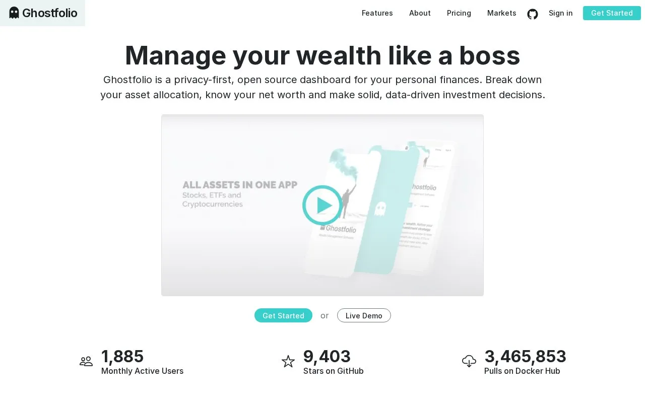 Ghostfolio homepage screenshot