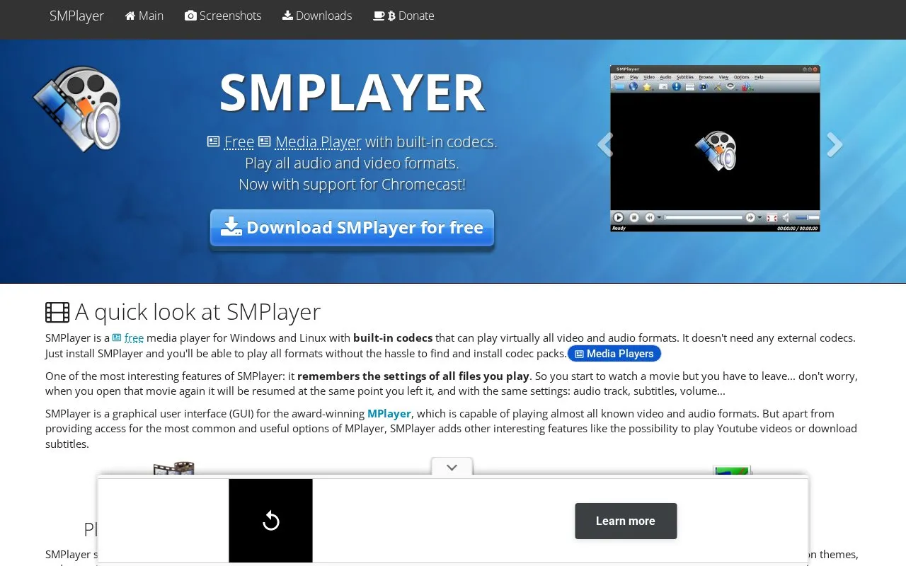 SMPlayer homepage screenshot