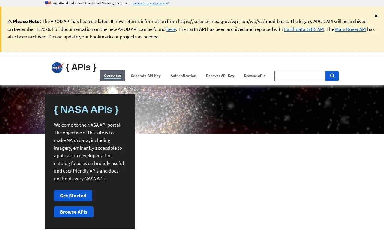 NASA API homepage screenshot