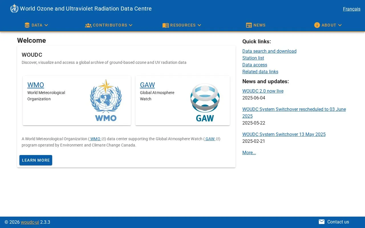 World Ozone and Ultraviolet Radiation Data Centre homepage screenshot