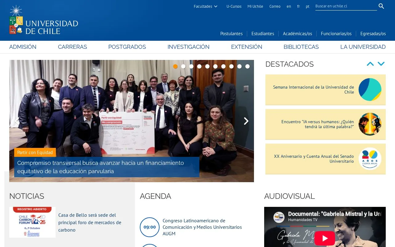 Universidad de Chile homepage screenshot