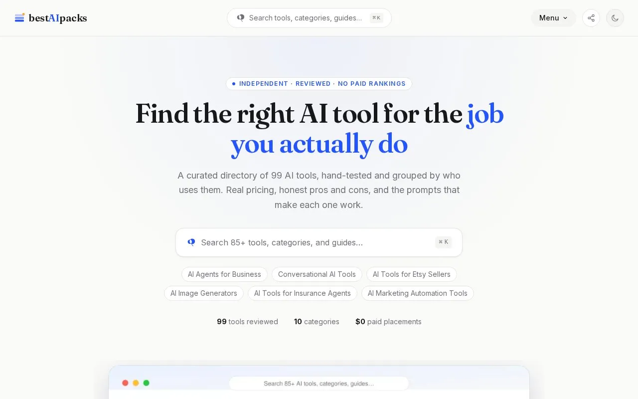 bestAIpacks homepage screenshot