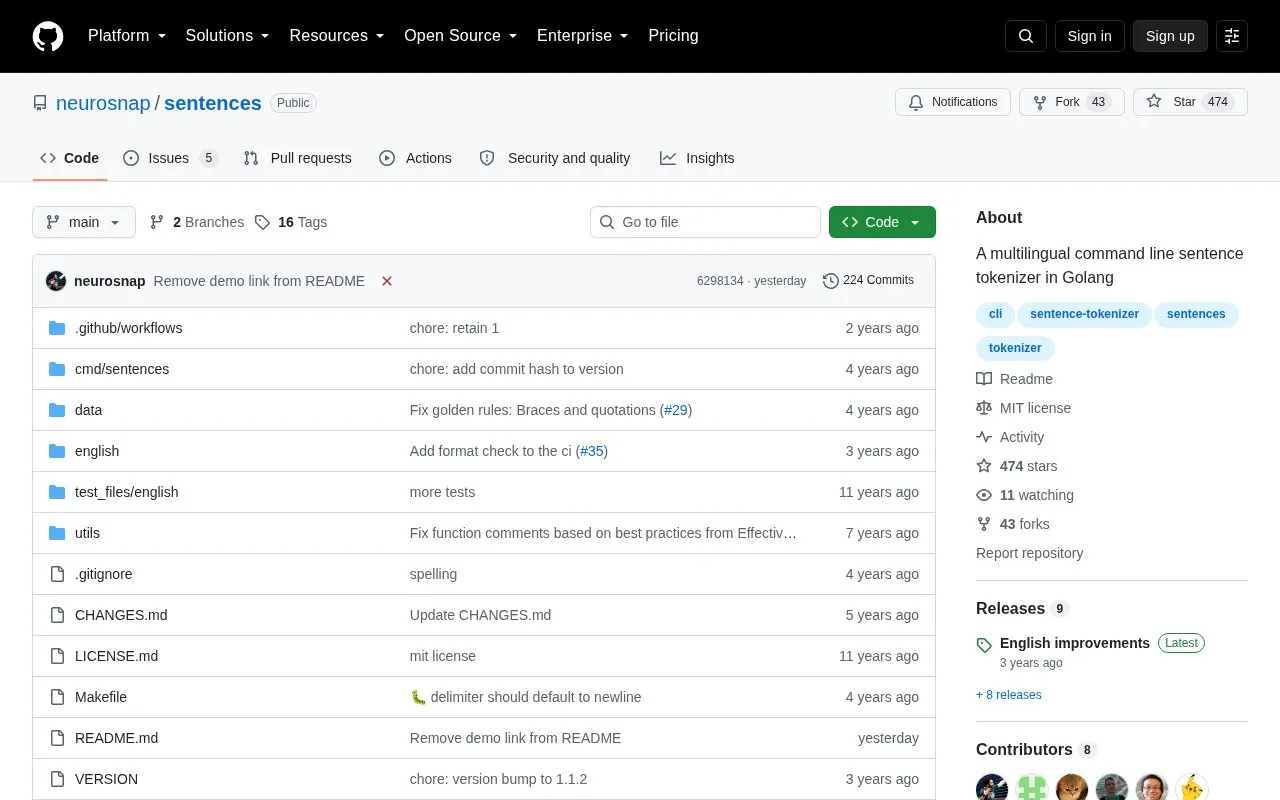 sentences homepage screenshot
