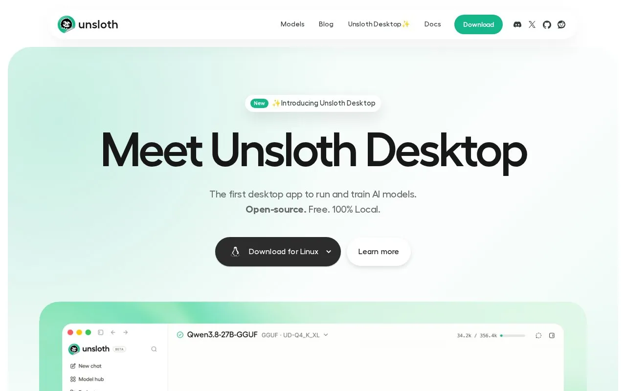Unsloth homepage screenshot