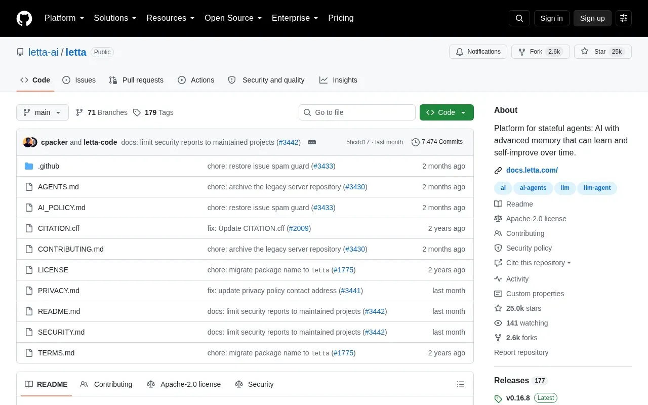 cpacker/MemGPT homepage screenshot