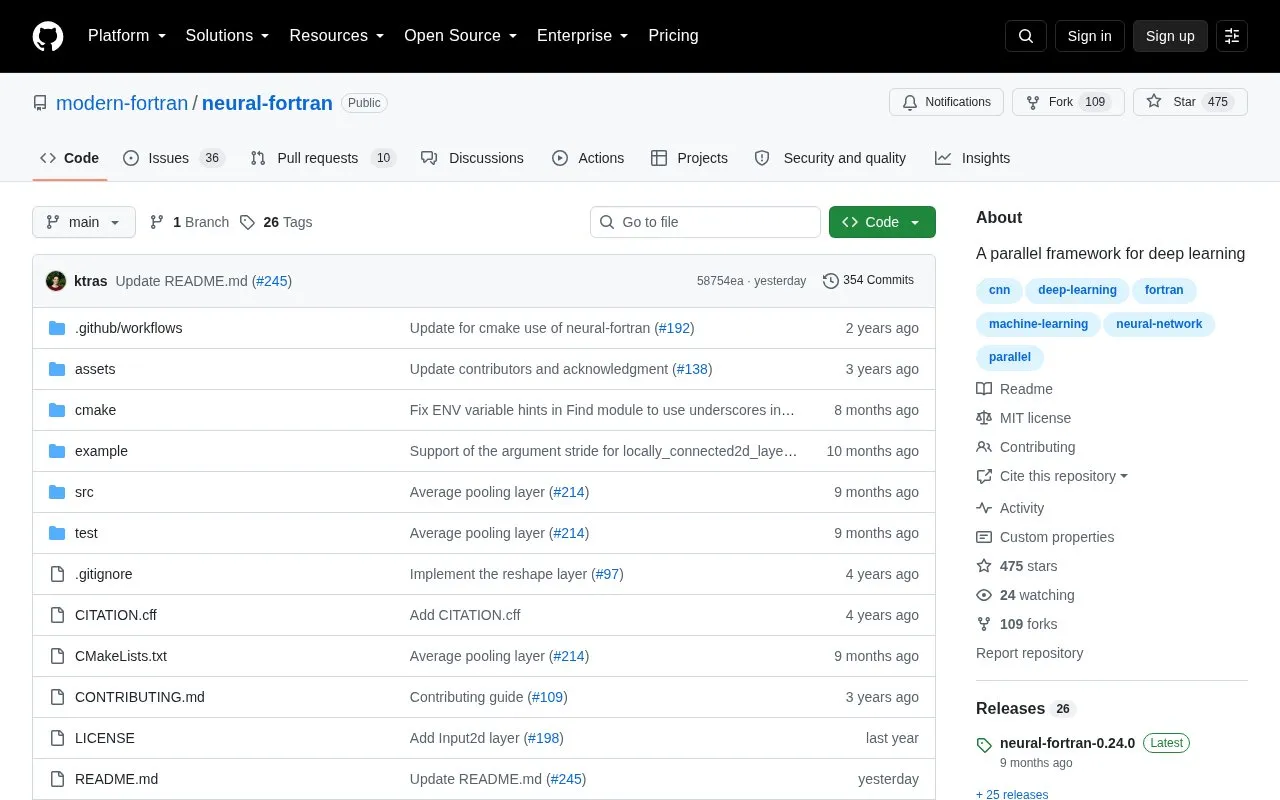 neural-fortran homepage screenshot