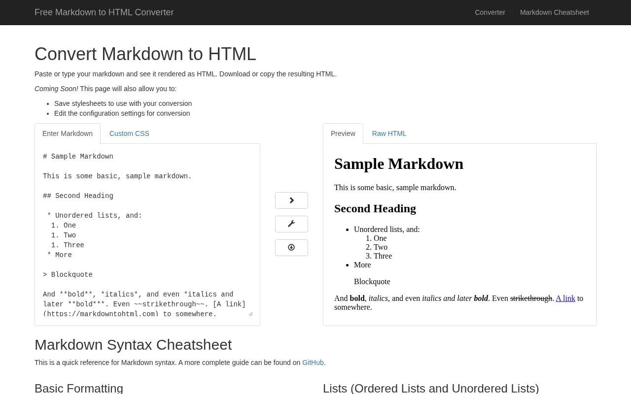 Markdown to HTML homepage screenshot