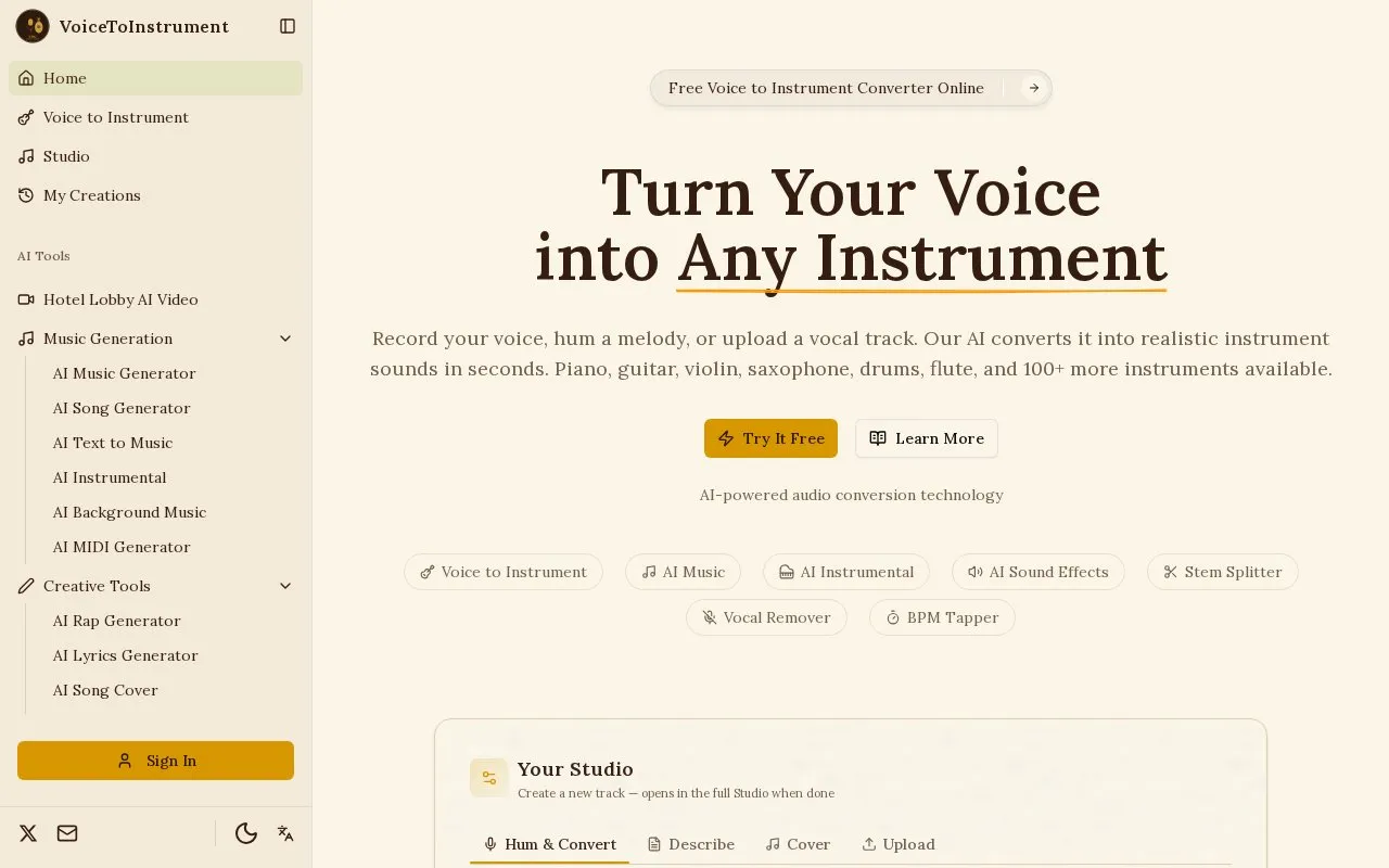 voicetoinstrument.com homepage screenshot