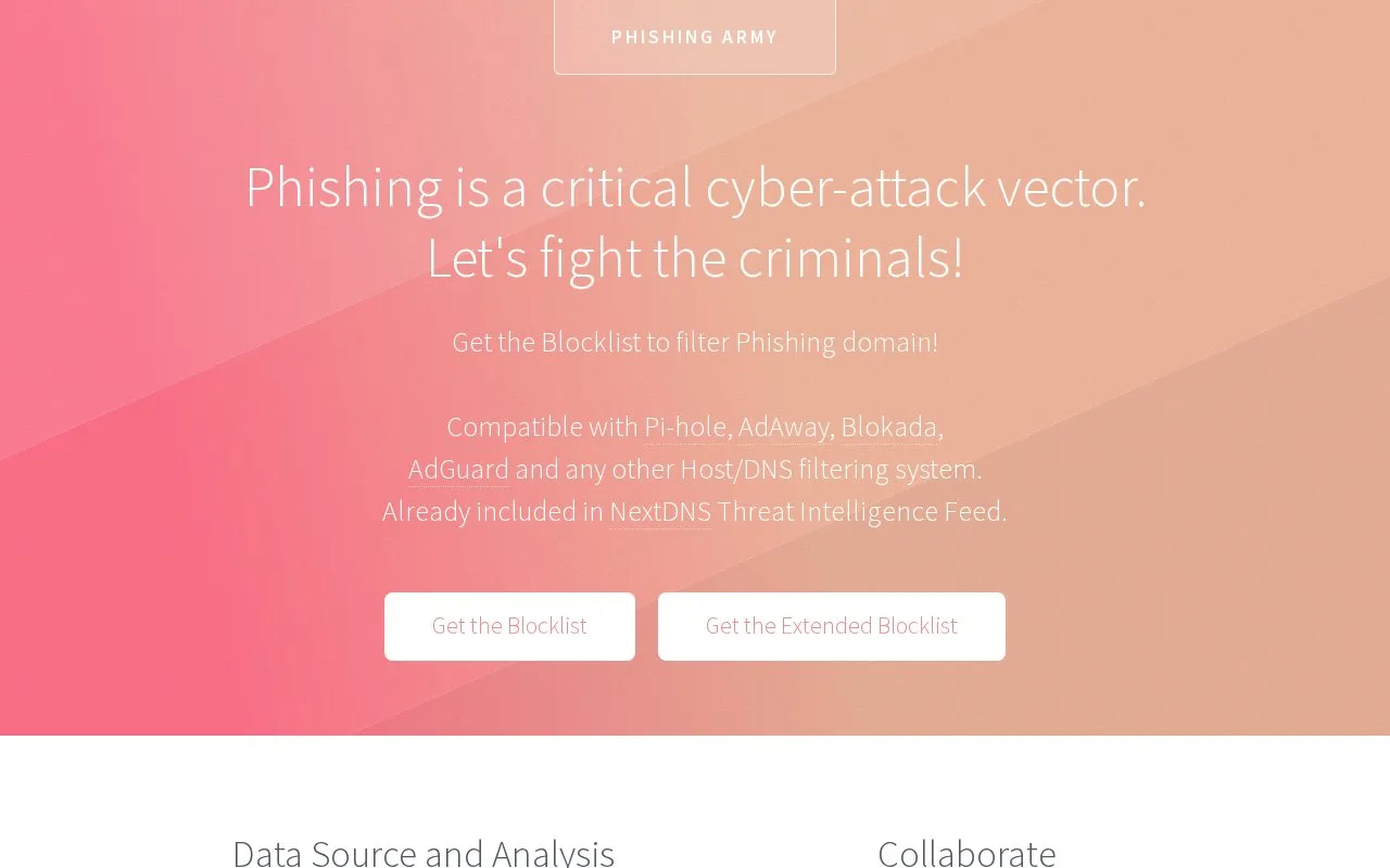 Phishing Army homepage screenshot