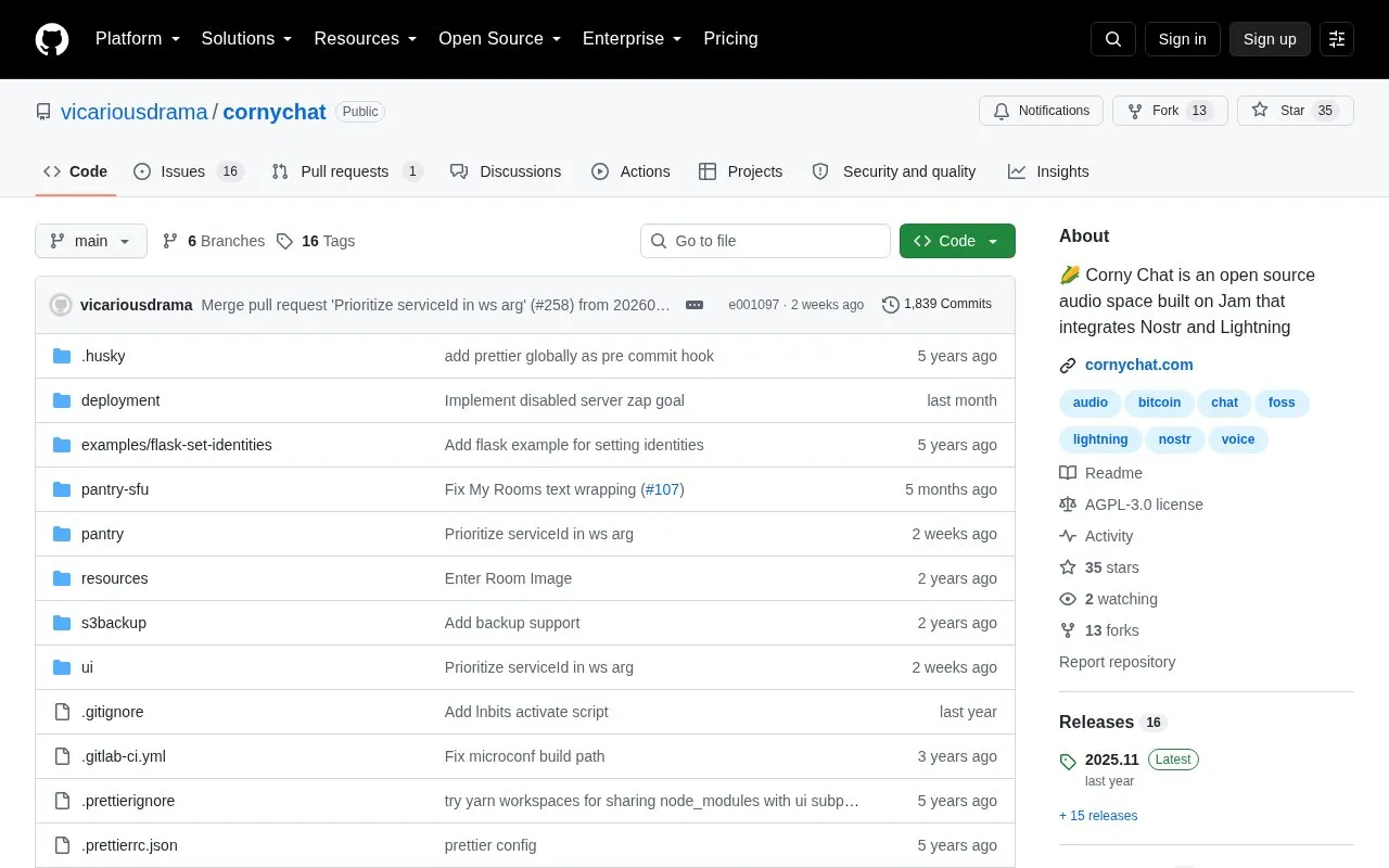 Corny Chat homepage screenshot