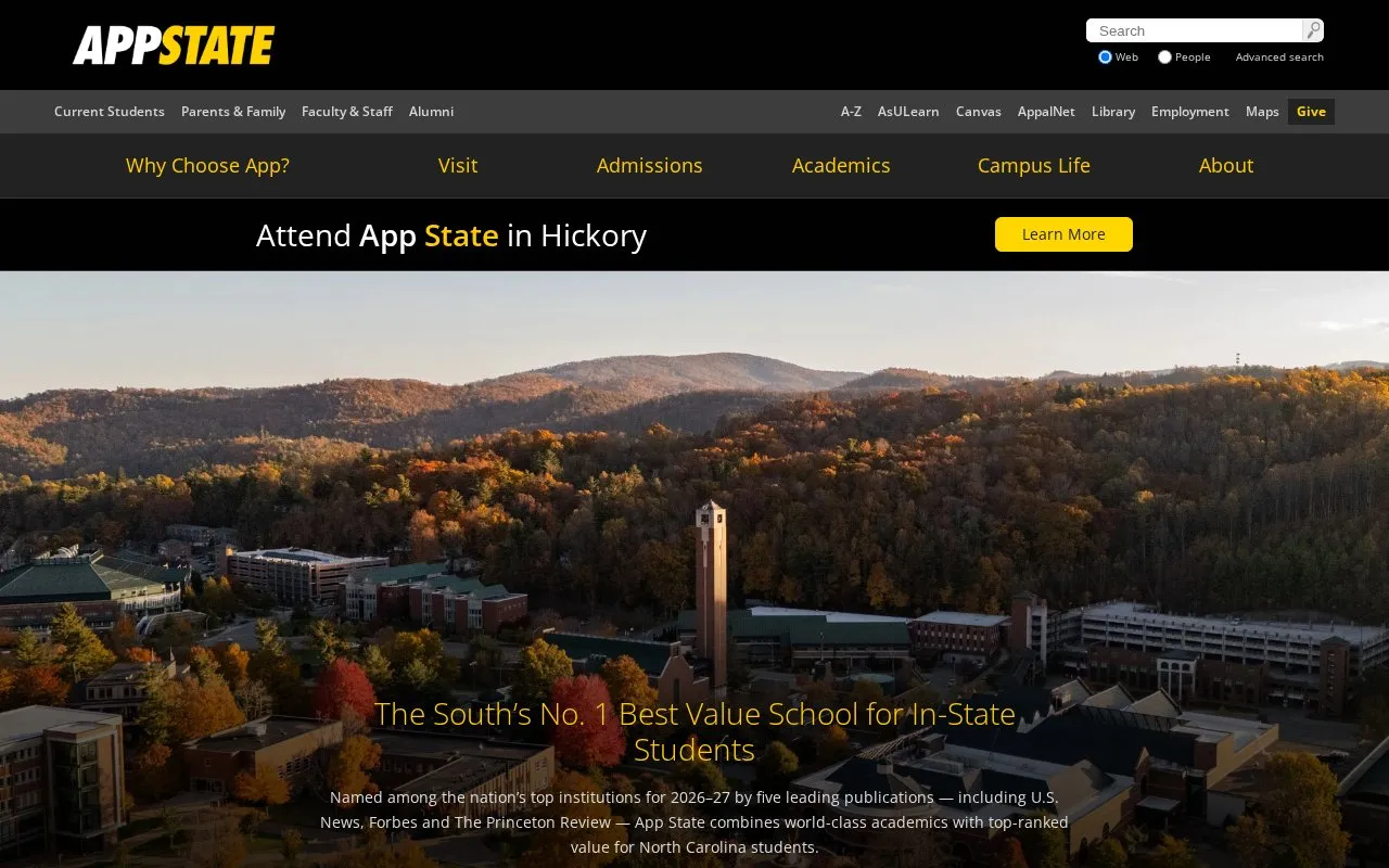 Appalachian State University homepage screenshot