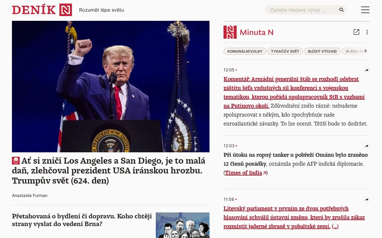 Deník N homepage screenshot