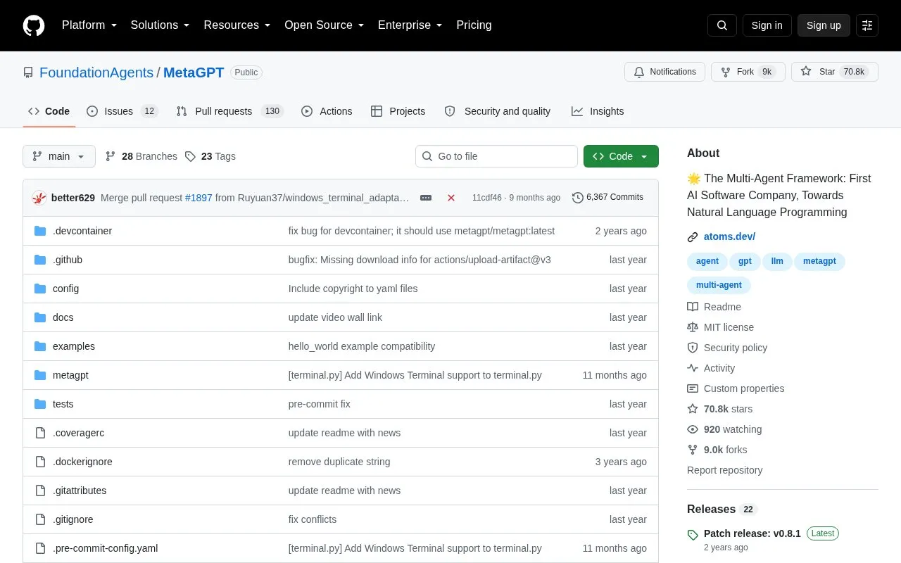 MetaGPT homepage screenshot
