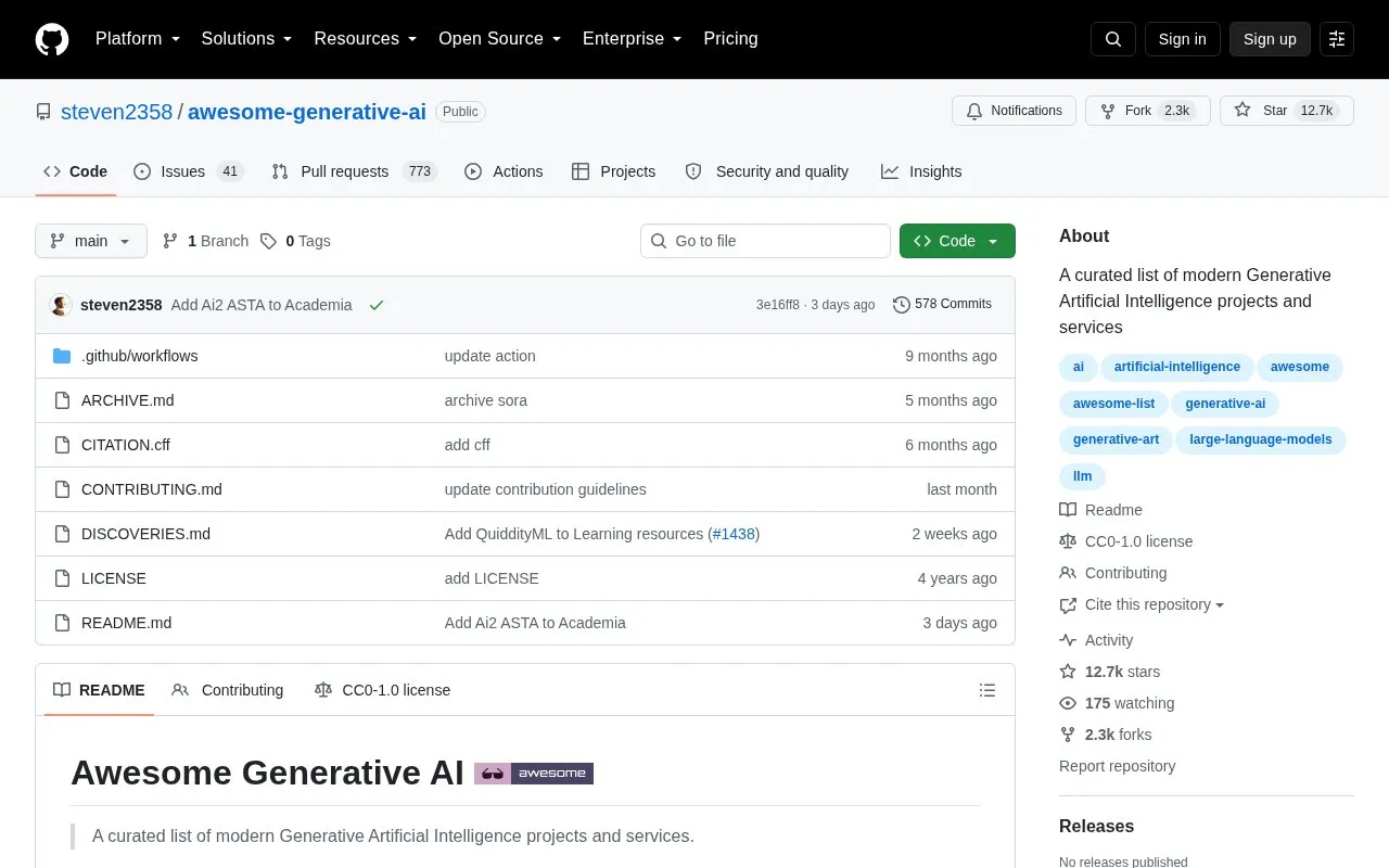 steven2358/awesome-generative-ai homepage screenshot