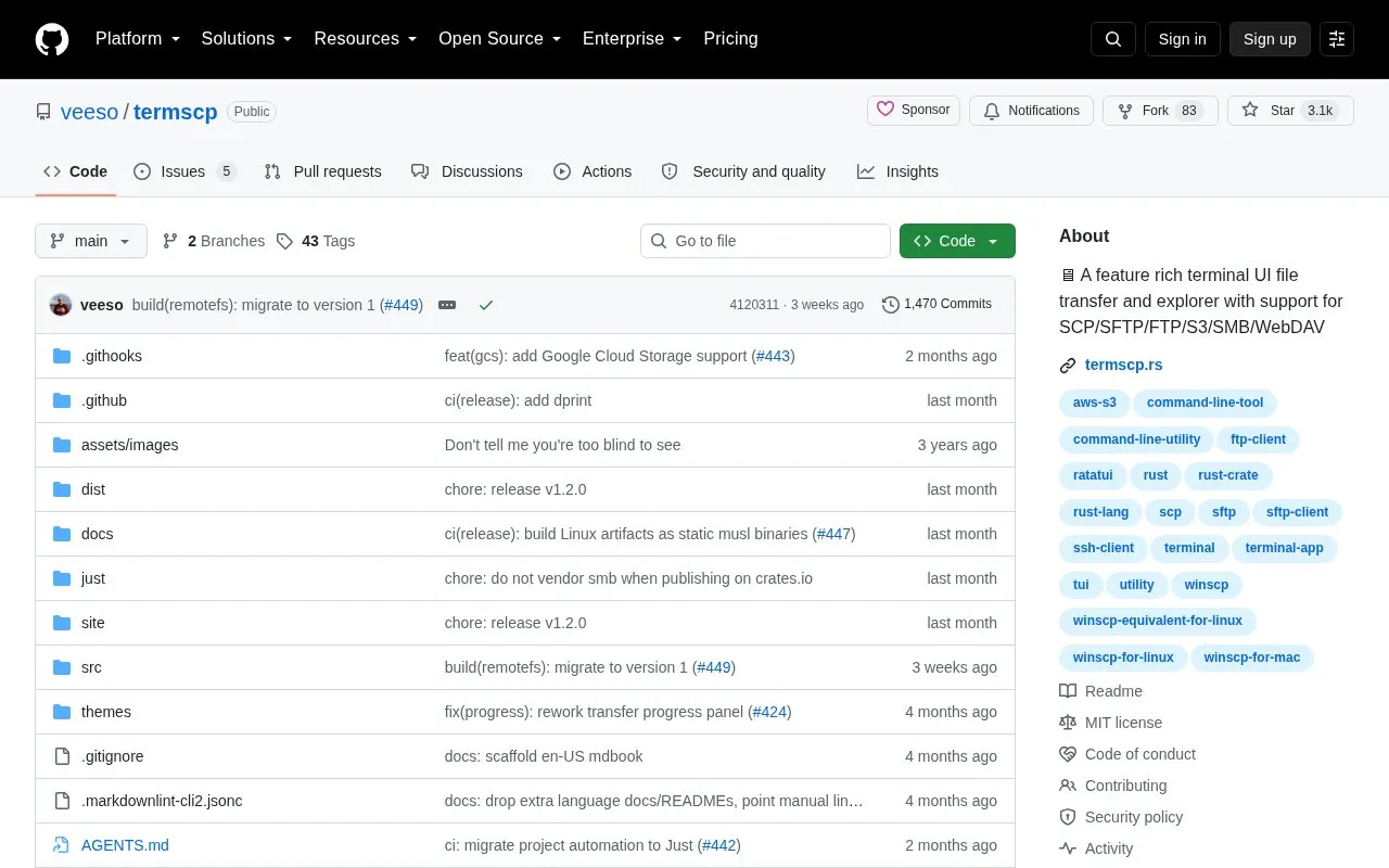 Termscp homepage screenshot