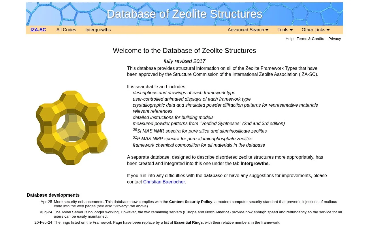 Database of Zeolite Structures homepage screenshot