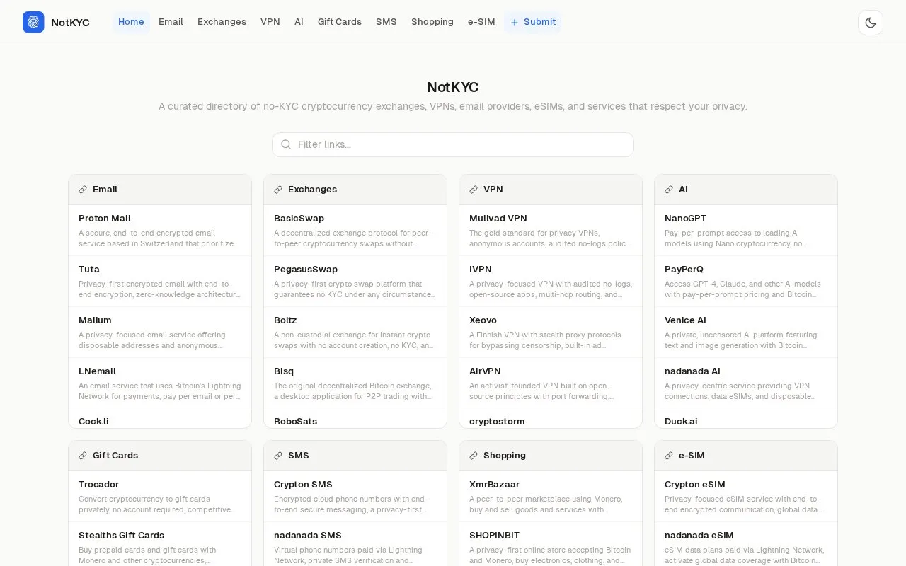 NotKYC homepage screenshot