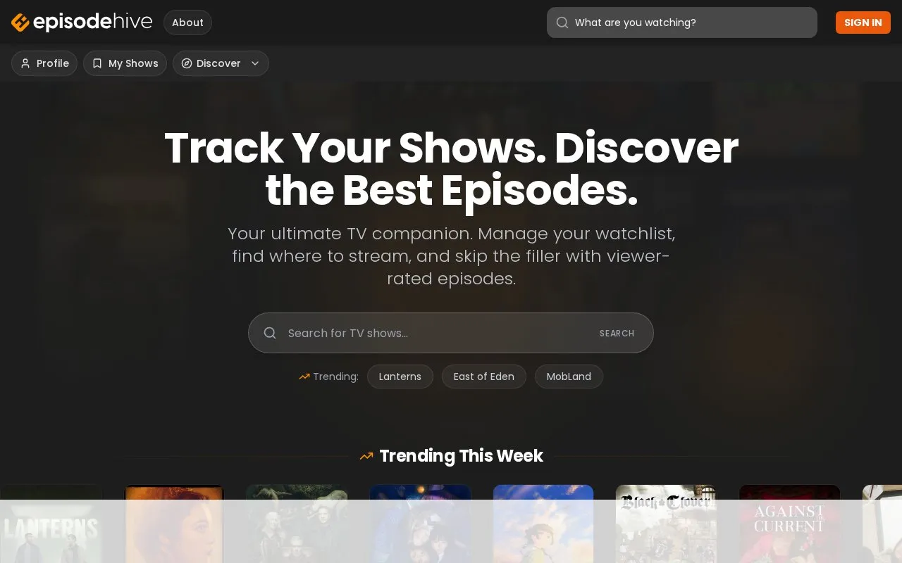 Episode Hive homepage screenshot
