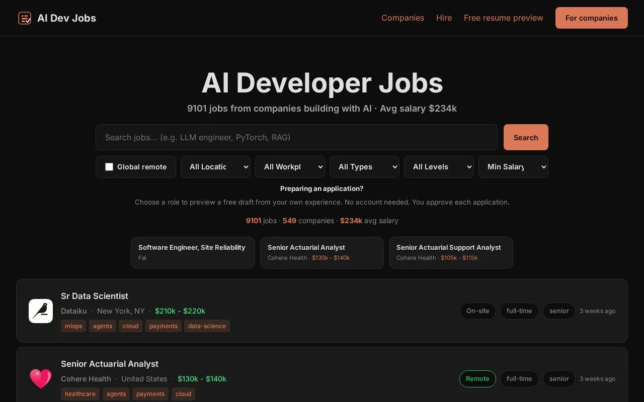 AI Dev Jobs homepage screenshot