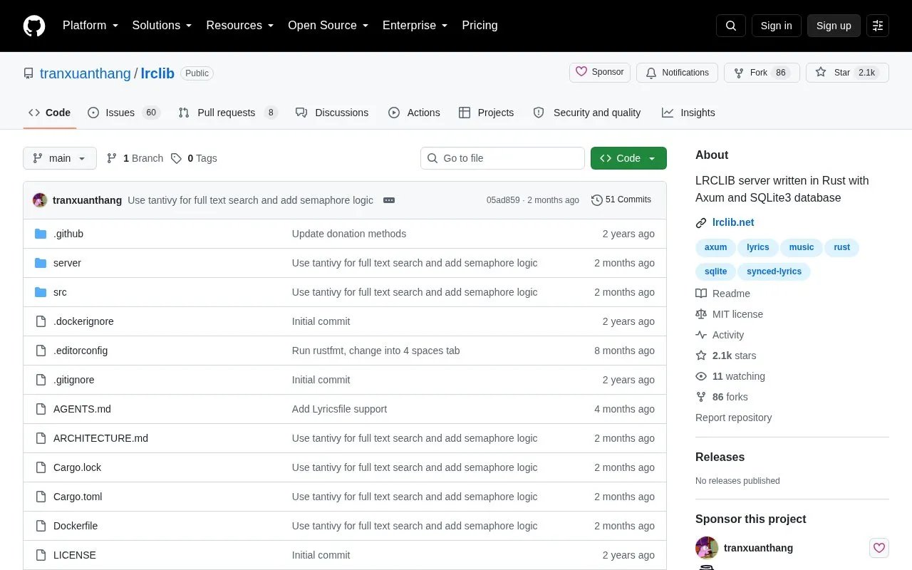 Lrclib homepage screenshot