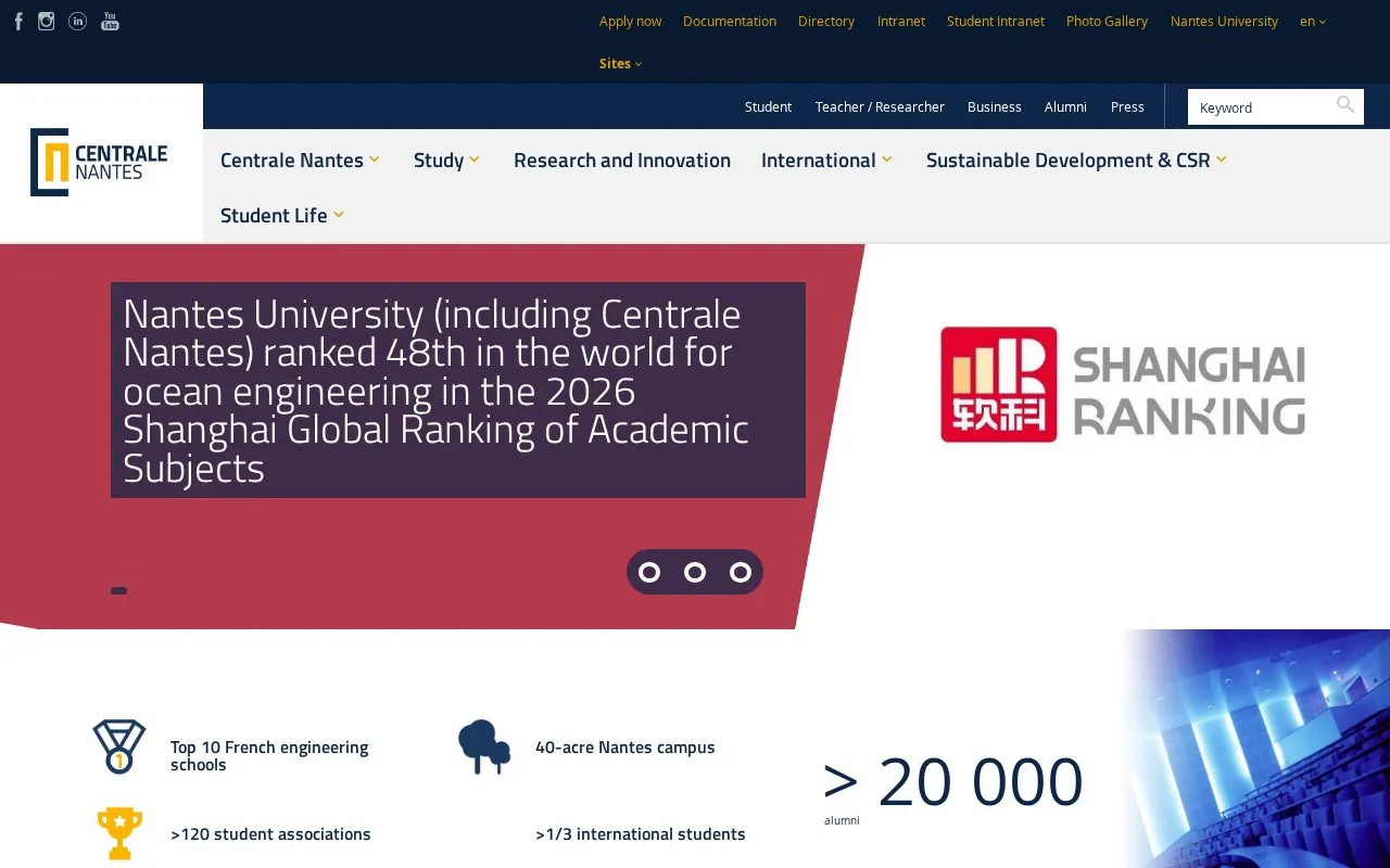 Ecole Centrale de Nantes homepage screenshot