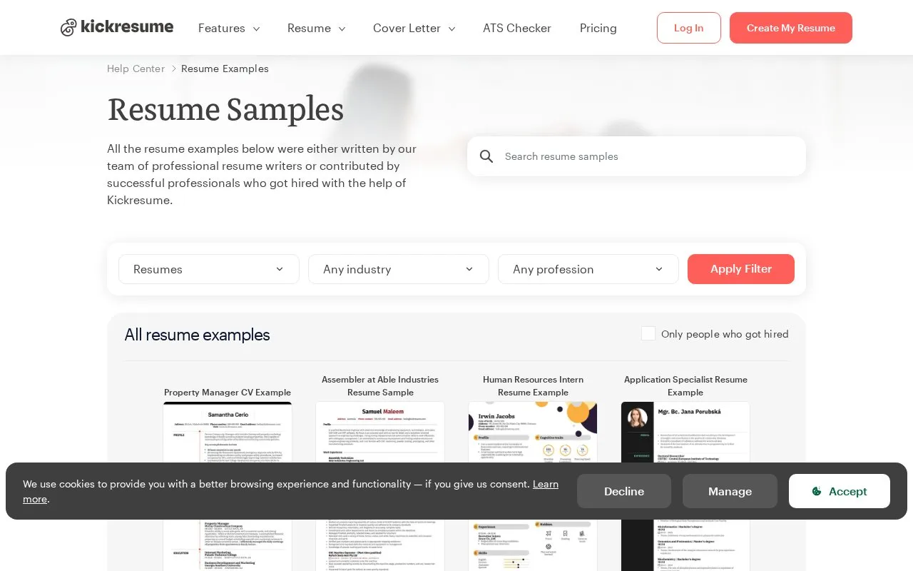 KickResume Samples homepage screenshot