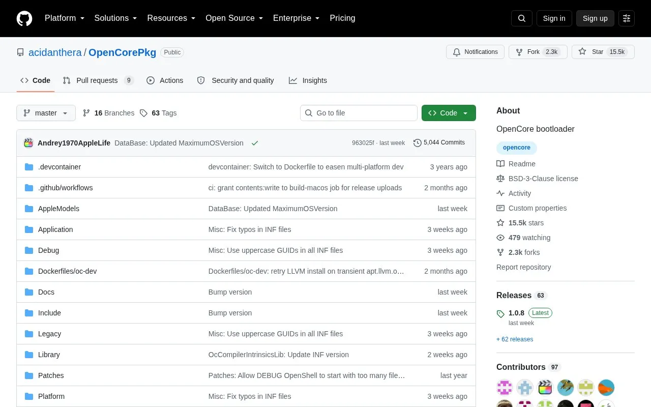 OpenCore homepage screenshot