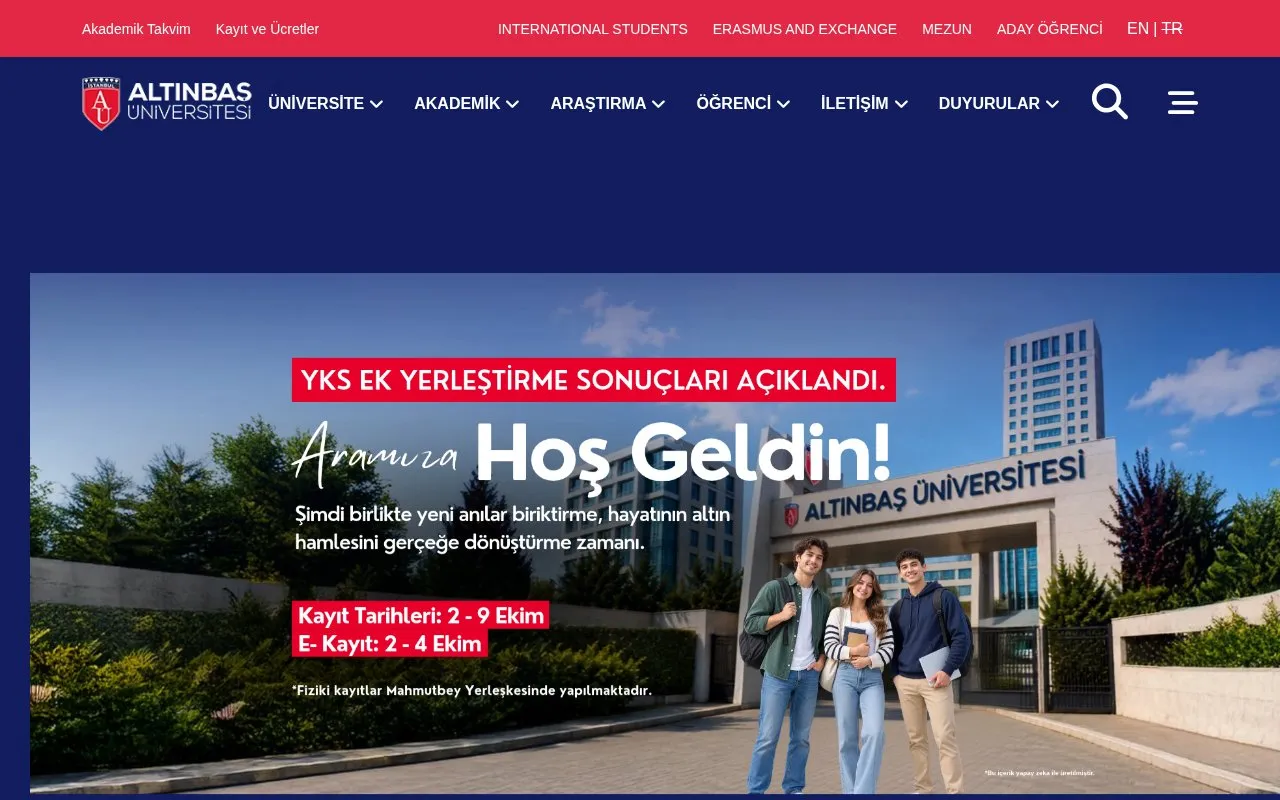 Altinbas University homepage screenshot