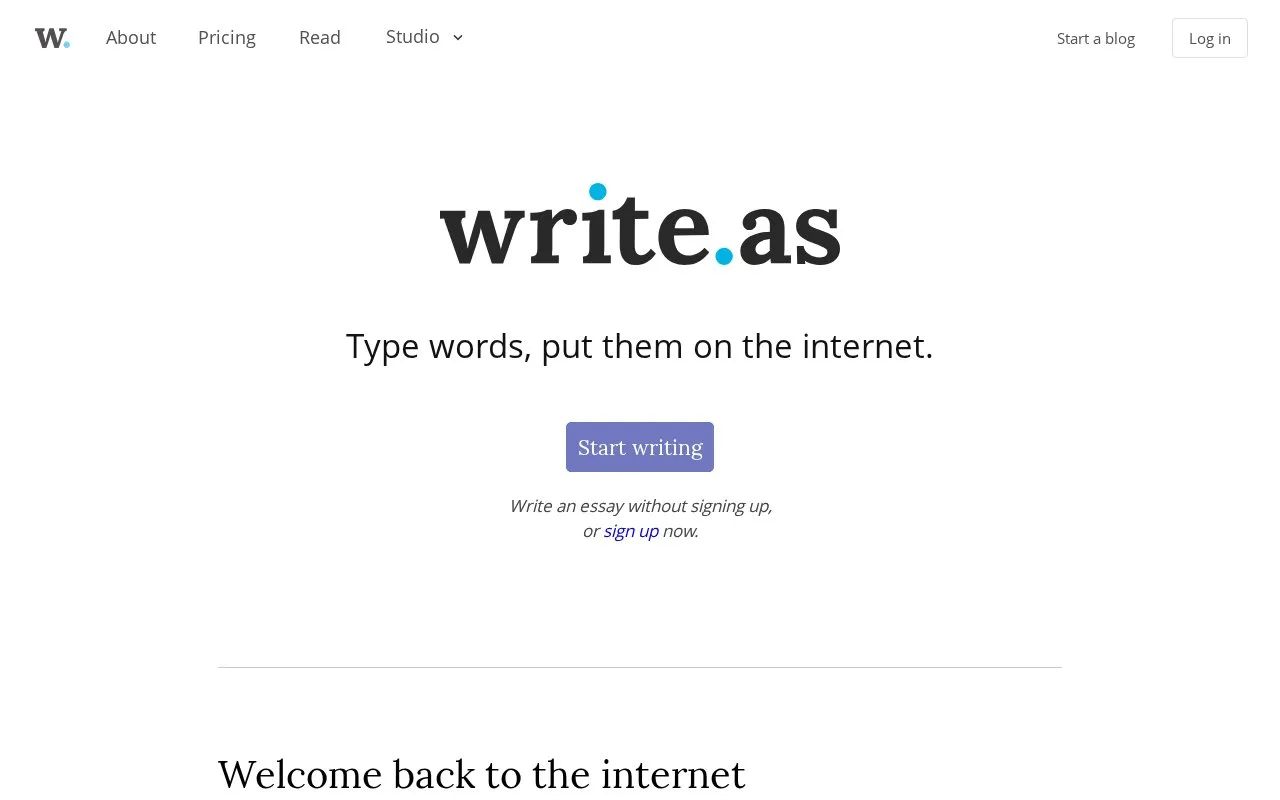 Write.as homepage screenshot