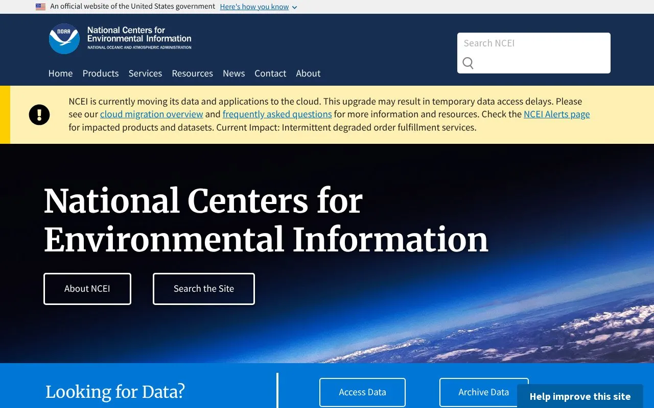 National Centers for Environmental Information homepage screenshot
