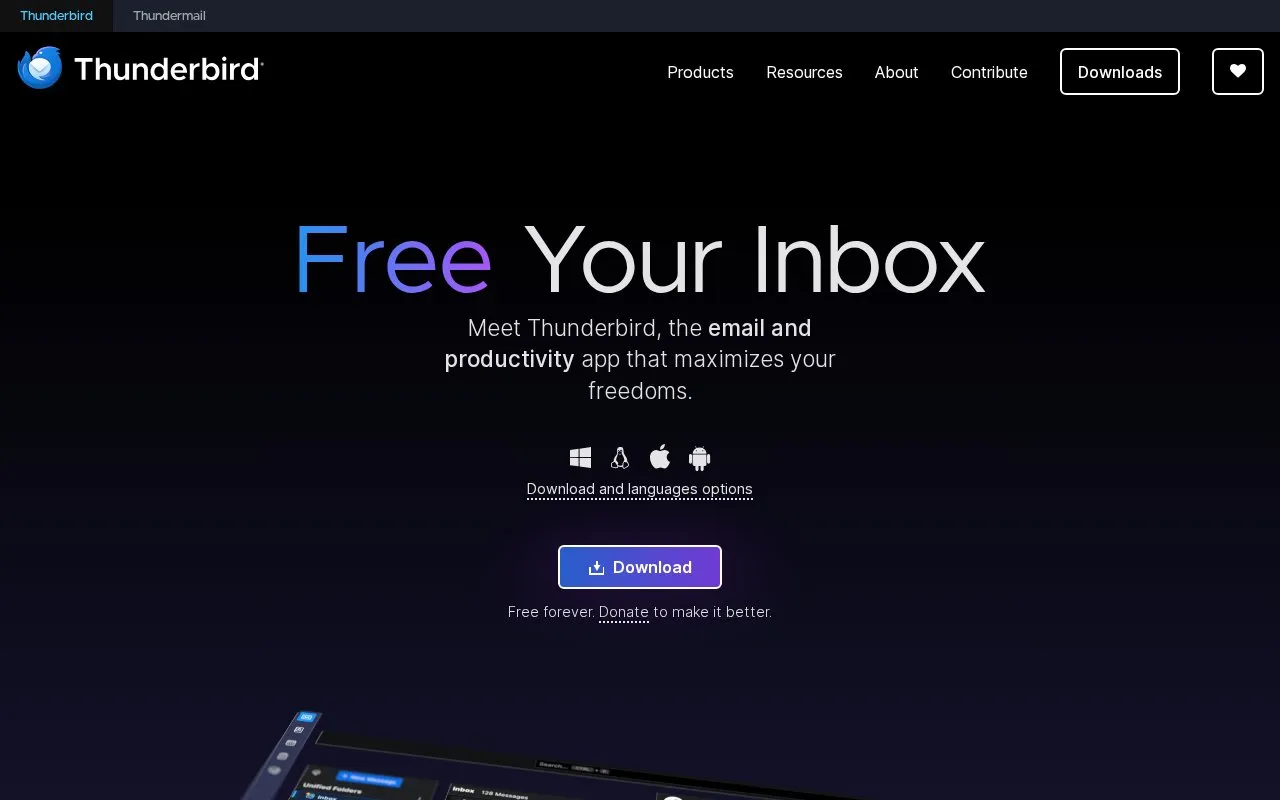 Thunderbird homepage screenshot