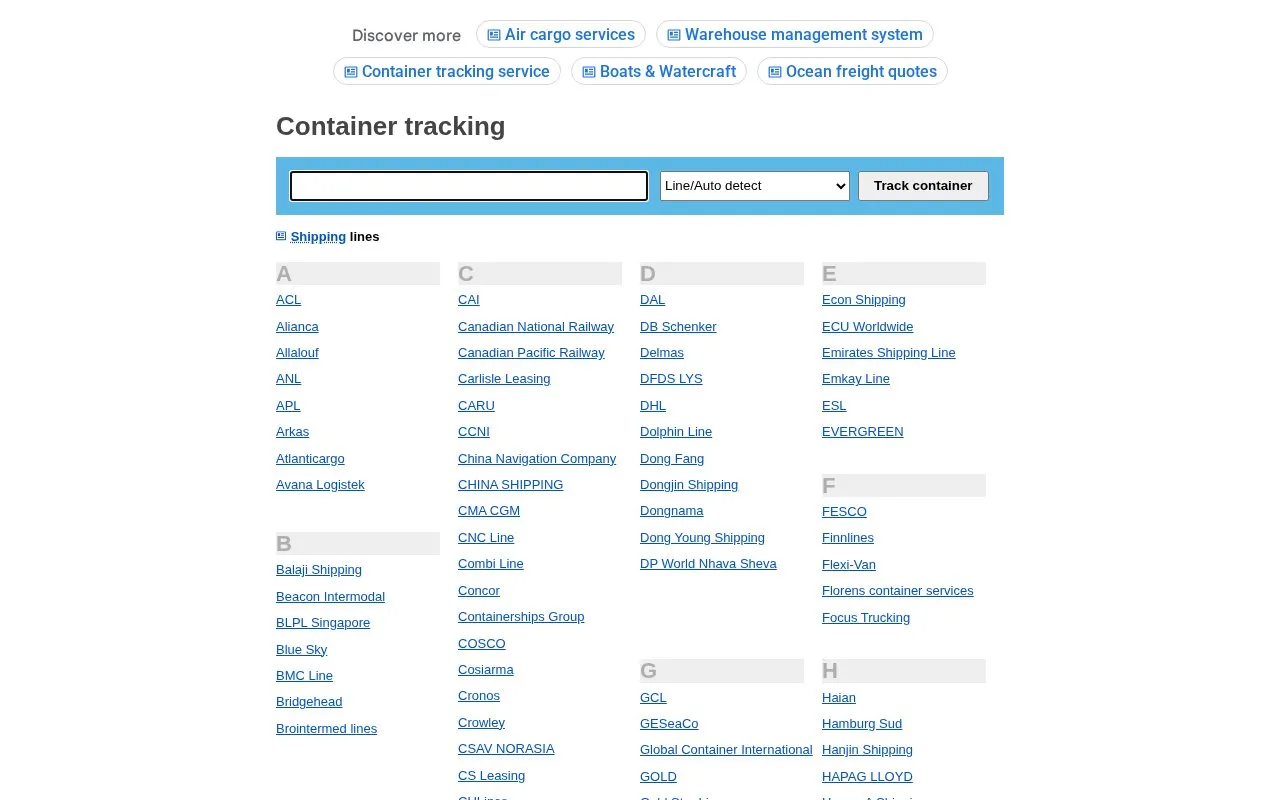 Container Tracking homepage screenshot