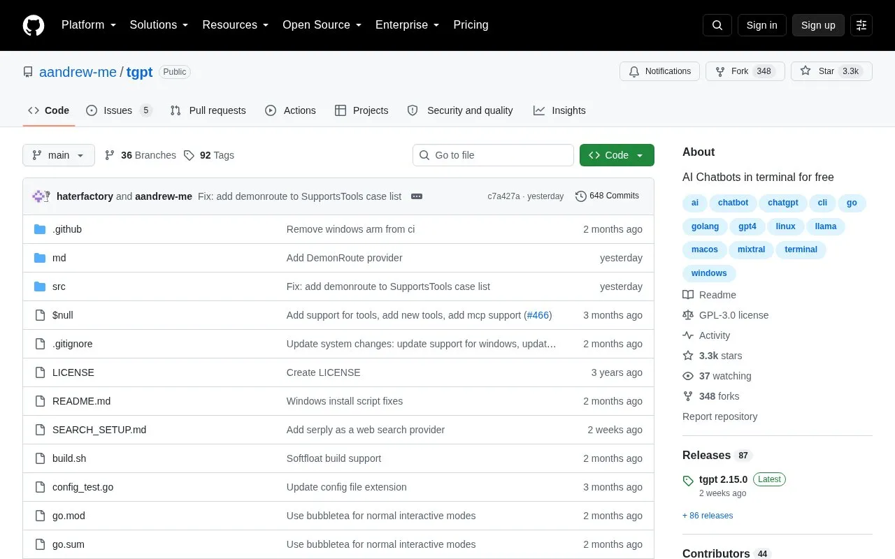 tgpt homepage screenshot
