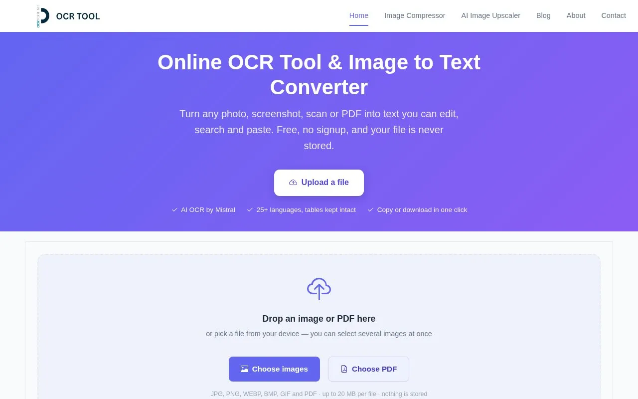 OCRTool homepage screenshot