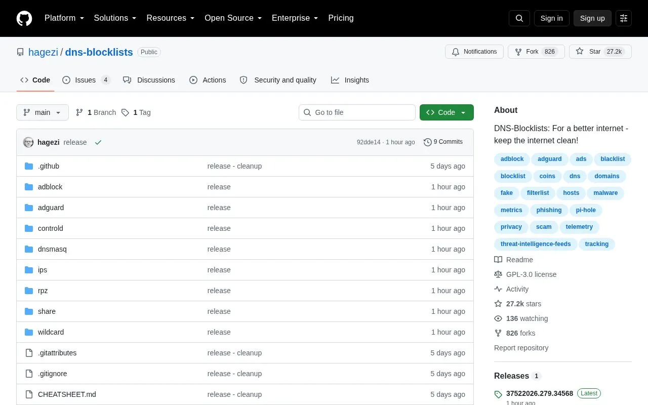 Hagezi Blocklists homepage screenshot