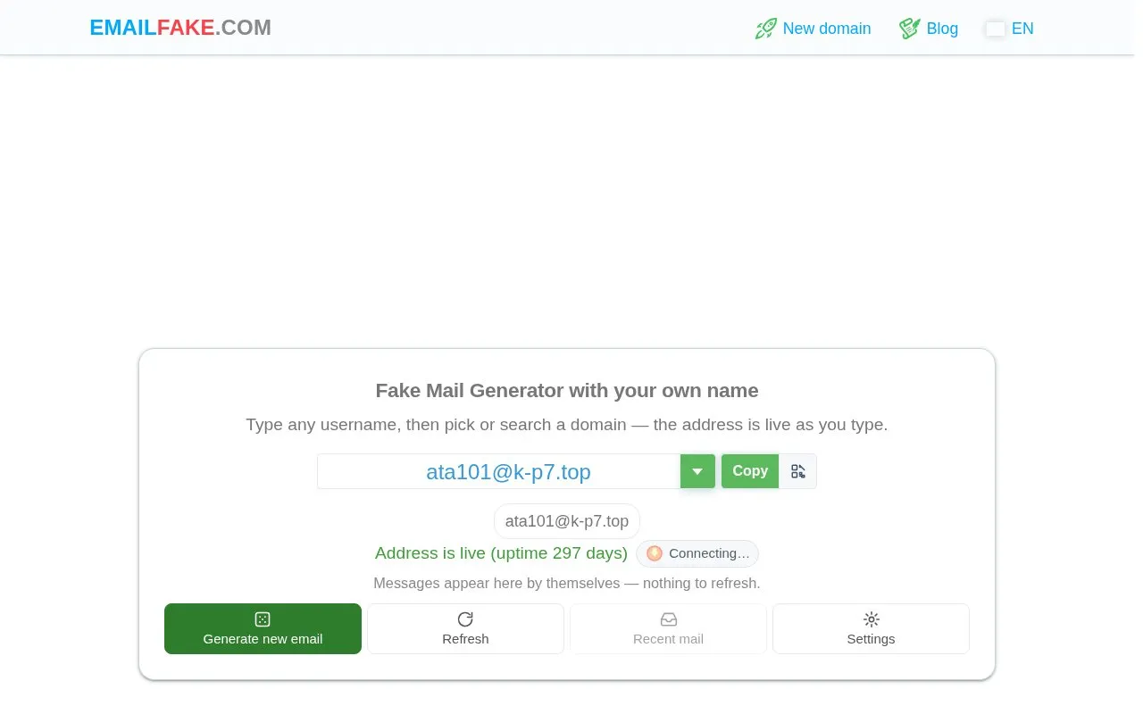 emailfake.com homepage screenshot